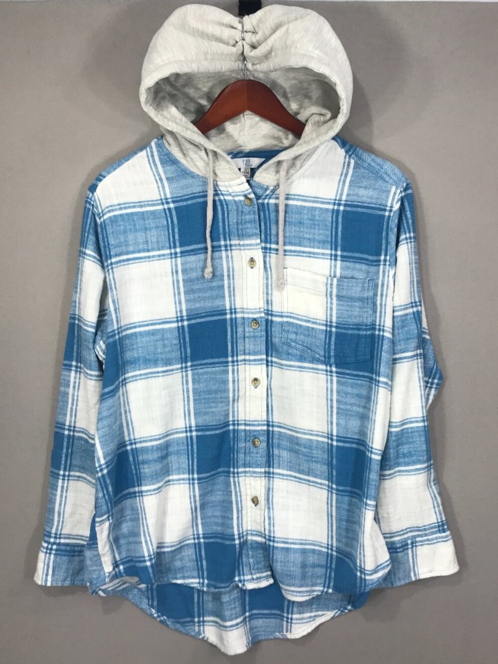 Time and Tru Hoodie Women's Large 12-14 Blue Plaid Shirt Button Up LS High Low